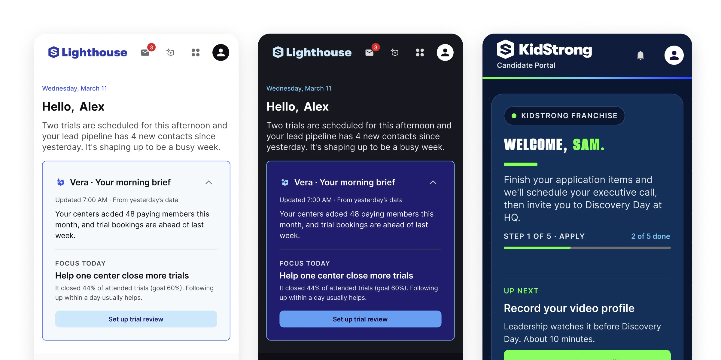 The Lighthouse home screen in Light and Dark modes next to the Candidate Portal in Branded mode, all built from the same Beacon UI components and one Color Semantics collection.