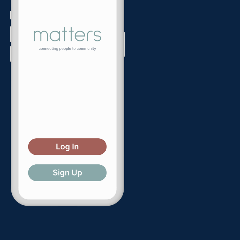 A mobile app preview with a screen showing login options and a title 'Matters'.