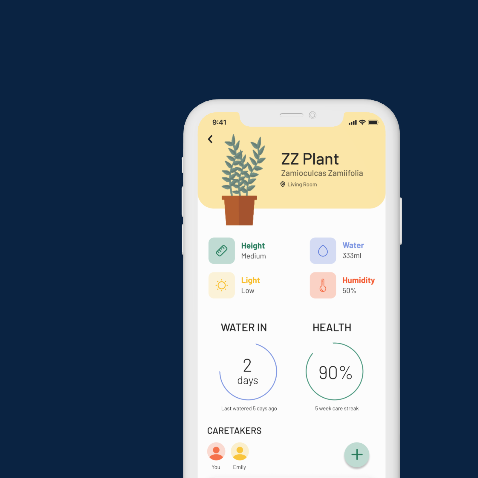 A mobile app preview with a screen showing a plant at the top with details about that plant and visual data on its health and watering needs.