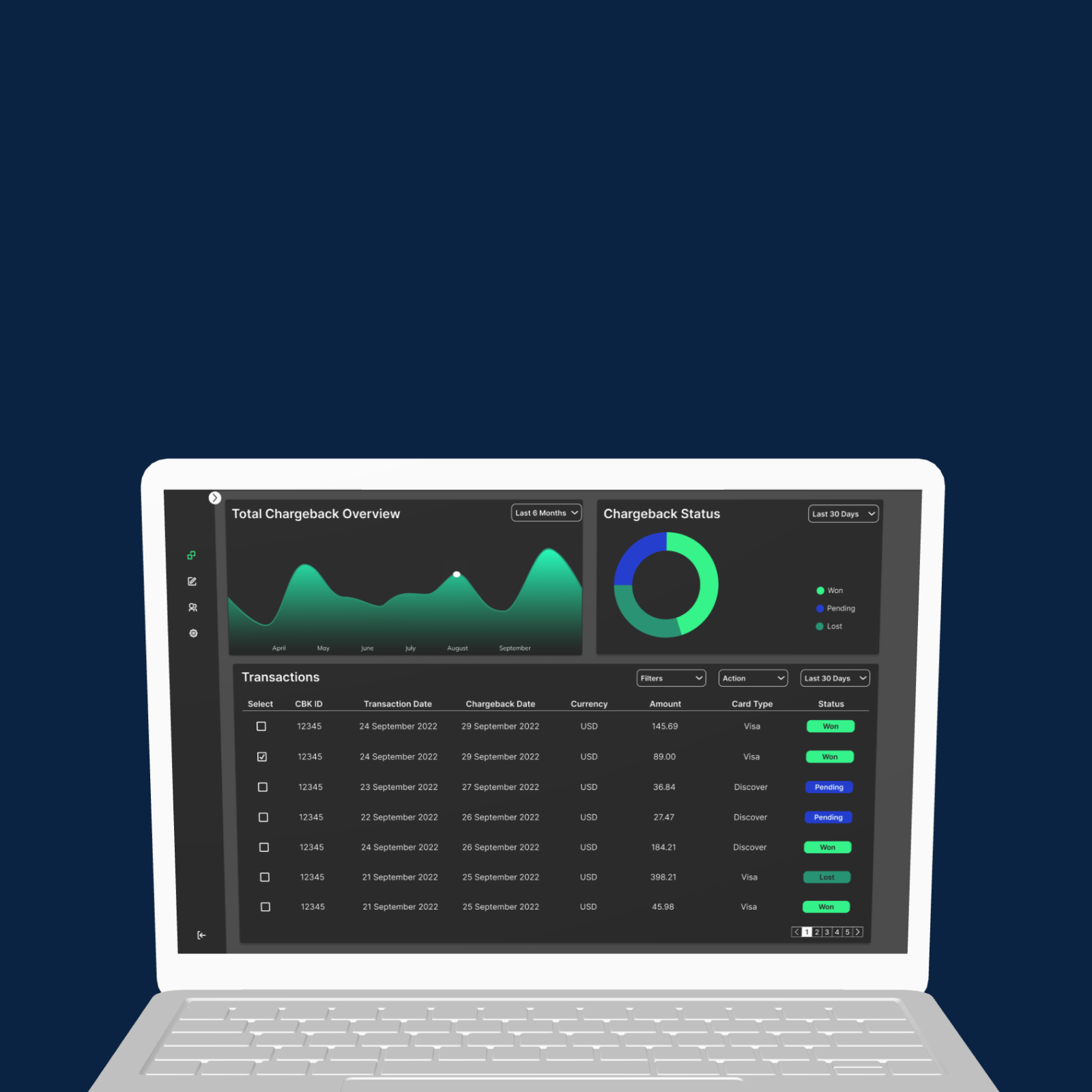 A website preview of a dark dashboard listing transactions with some graphs.